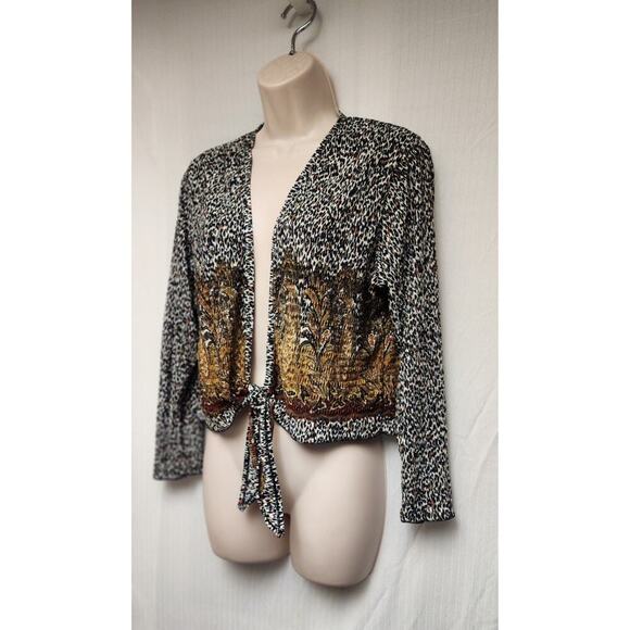 Pleat Pleat By Rafael Leopard Print 3/4 Sleeve Front Tie Crop Blouse Size Large - Picture 3 of 7